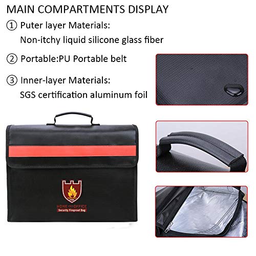 Fireproof Document Bag Waterproof w/Shoulder Strap & File Folders, Safety Household Storage Bag, Heavy Duty Protection for Valuable Documents, Jewelry, Passports, Money ect - Thumbnail 3