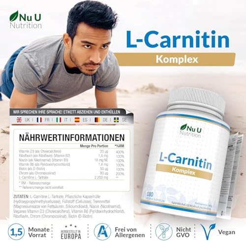 L-Carnitin Komplex 2.200mg Hochdosiert - 180 Vegane Kapseln - Mit Riboflavin, Biotin, Chrom, Vitamin D, B3 & B6 - L-Carnitin-Tartrat-Ergänzung - Nu U Nutrition