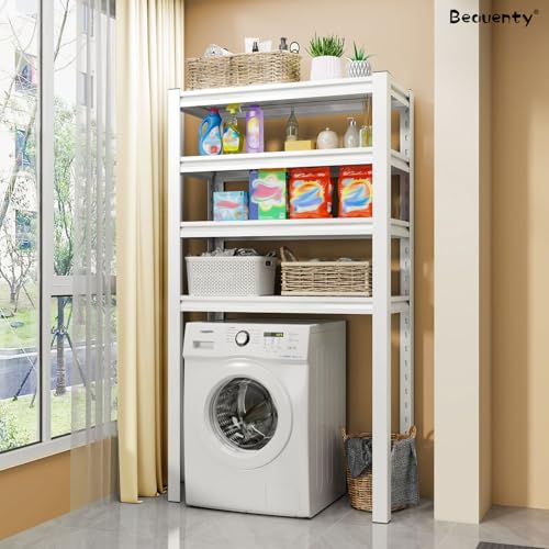 Beauenty 4-Tier Over Washing Machine Rack, Over Flip-top & Drum Washing Machine Dryer Storage Shelf, Adjustable Shelving Units Space Saver, Heavy Duty Balcony Organizer Rack (27.6"*15.8"*72") (White)
