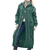 WODOLL Womens Chunky Cable Knit Long Cardigan with Pockets Long Sleeve Loose Button Down Hooded Winter Sweater Duster Coat