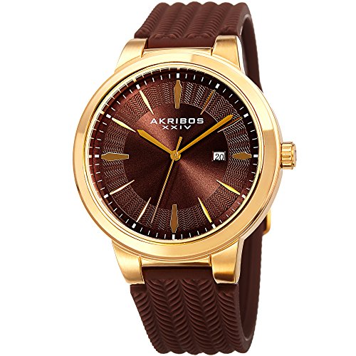 Akribos XXIV AK1007 Men's Quartz Tire Tread Design Silicone Strap Watch (Gold-Tone & Brown)
