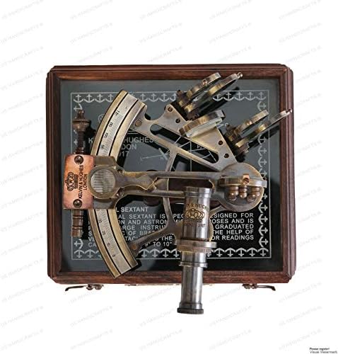 US HANDICRAFTS Vintage Astrolabe Type Brass Nautical Handmade Sextant with Wood Field.
