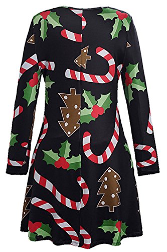 Herose Ladies Cozy Holly Berry Candy Canes Printed Flared Mini Dress Tops XL Black