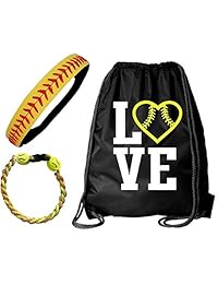 Kenz Laurenz - Juego de diademas de softball con costuras de piel amarilla y roja, aretes de poste de softball, collar de titanio de softball, lazos para el cabello