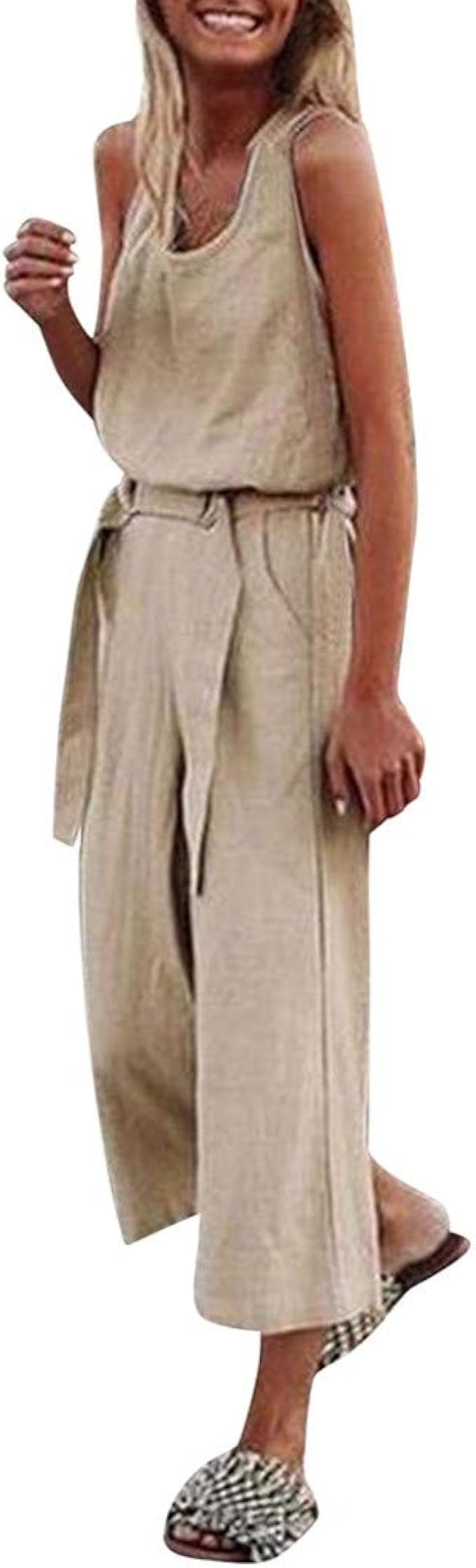 Luckycat Leinen Jumpsuit Damen Elegant Langarm Playsuit VAusschnitt Casual Lose Overalls Lang