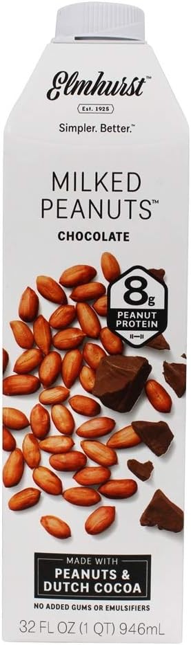Elmhurst Milked - Chocolate Peanut Milk - 32 Fluid Ounces. Only 6 Ingredients, 8g Protein, Non Dairy, No Added Gums or Emulsifiers, Vegan