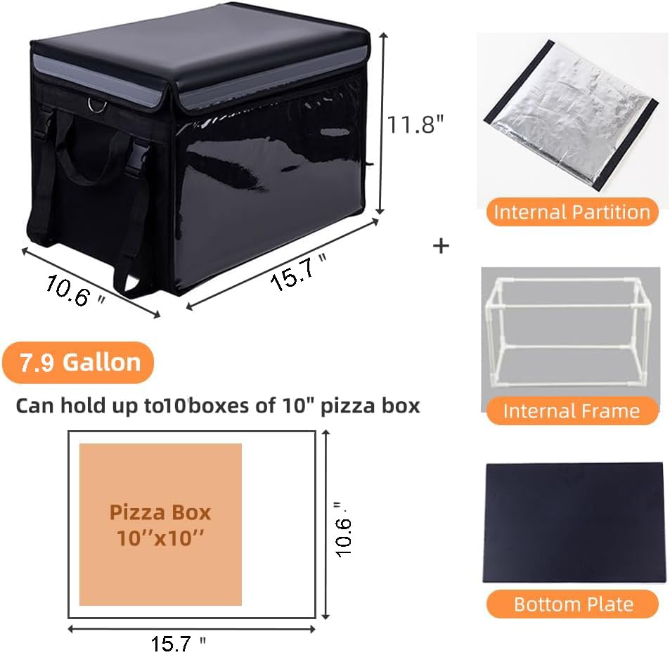 Insulated Bags For Food Delivery, 10" Insulated Pizza Delivery Bags with Divider, Meal Grocery Tote Insulation Bag, Waterproof & Foldable Catering Bag Food Deliveries, 15.7" x 10.6" x 11.8"