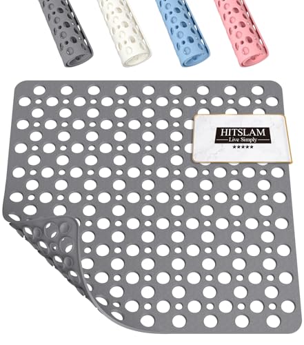 HITSLAM Square Shower Mat Non Slip Anti Mould, 53 x 53 cm TPE Bath Mat for Tub Anti Slip, Bathroom Anti Slip Shower Mat With Suction Cups and Drain Holes, Machine Washable, Grey