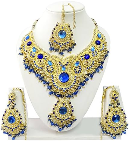 Exquisite Jewels Indian Bollywood Jewelry Set Ethnic Gold plated Necklace set with Earrings and Maang Tikka JS9003 Blue