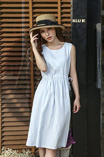 Amazon Co Jp ノーブランド品 夏ワンピース 春ワンピース シャツワンピース マキシワンピース フレアワンピース 白ワンピース リネン ワンピース 大人 ノースリーブ ミディアム 森ガール フォーマル 無地 ラウンドネック ロング Sunny Corner L ブルー ホビー