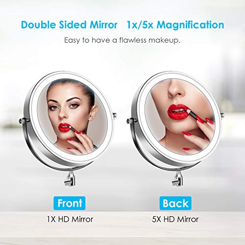 alvorog Wall Mounted Makeup Mirror 8 inches LED Touch Screen Adjustable Light Double Sided 1X/5X Magnifying Vanity Mirror Swivel Extendable for Bathroom Hotels Powered by Batteries (Not Included) - Thumbnail 2