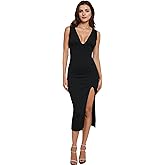 Zeflows Womens Deep V-Neck Wide Shoulder Strap Bodycon Dresses Backless High Slit Summer Sexy Solid Midi Dresses