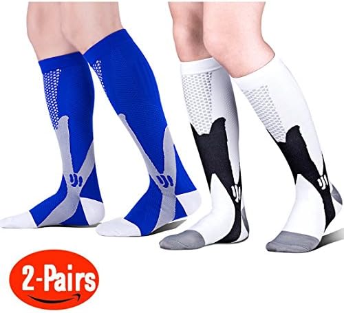 2 Pair Graduated Compression Socks 20-30 mmhg - for Nurses Cycling Runners Fitness Weight Lifting Maternity Teachers for Men and Women Unisex XXL(US 10.5-18) 2 Pair (White+Blue) by Axageid
