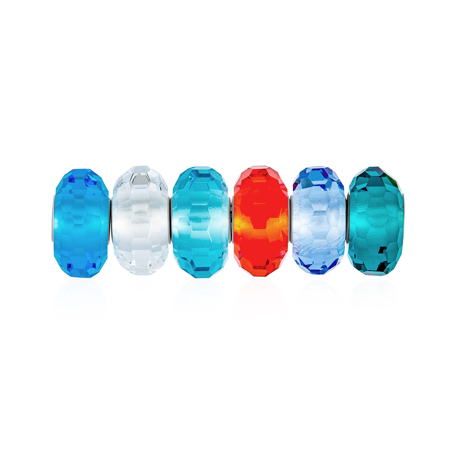 Bling Jewelry Mixed Set Of Bundle .925 Sterling Silver Core Translucent Aqua Blue Green Red Clear Multi Color Glass Faceted Charm Bead Spacer Fits European Bracelet For Women Teen