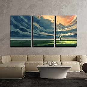 3 Piece Canvas Wall Art - Painting of Man Holding an Umbrella Standing Alone in The Meadow - Modern Home Art Stretched and Framed Ready to Hang - 16"x24"x3 Panels