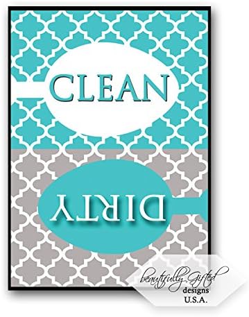 Dishwasher Magnet Clean Dirty Sign for Dishes - Elegant Quatrefoil Moroccan Trellis Modern Pattern - AQUA BLUE - 2.5 x 3.5 - Housewarming and Gag Gift Idea / Stocking Stuffers for Men Women & Teens