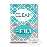 Dishwasher Magnet Clean Dirty Sign for Dishes - Elegant Quatrefoil Moroccan Trellis Modern Pattern - AQUA BLUE - 2.5 x 3.5 - Housewarming and Gag Gift Idea / Stocking Stuffers for Men Women & Teens