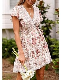 LOVINO - Vestido de verano para mujer, manga corta, sexy, cuello en V, volantes, estilo bohemio