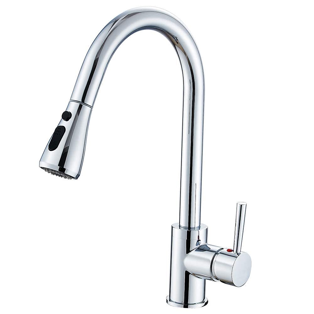 Heable Chrome Kitchen Sink Mixer Tap with Pull Down Sprayer, Single Handle High Arc Pull Out Tap, Solid Brass Faucet with UK Standard Fittings