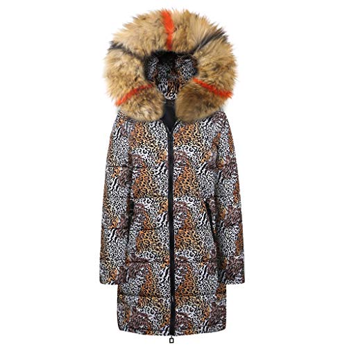 Mlide Womens Leopard Print Padded Coat,Fur Collar,Winter Long Down Cotton Parka Hooded Jacket Outwear(Khaki,XX-Large)