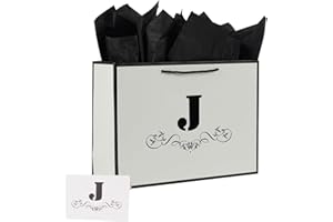 ysmile Letter Gift Bag with Wrapping Tissue for Men Women Boy Girl, 12" Large White Black Paper Bag for Birthday Anniversary Baby Shower Wedding Party - Single J