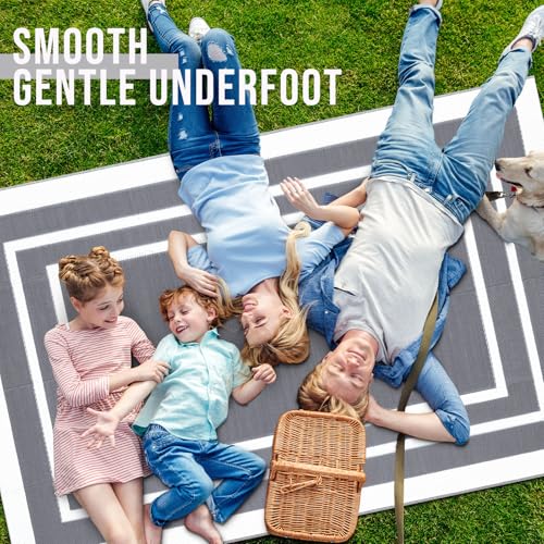 Homaxy Waterproof Outdoor Rug, Anti-slip Reversible UV Resistant Garden Rugs, Easy Cleaning Carpet for Camping, Patio, Beach, Picnic, Backyard - 120 x 180 cm, Grey & White
