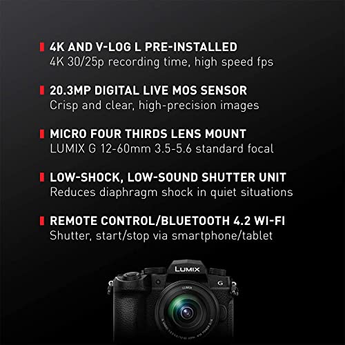 Panasonic LUMIX G95D 20.3 Megapixel Mirrorless Camera, 12-60mm F3.5-5.6 Micro Four Thirds Lens, 5-Axis Dual I.S. 2, 4K 24p 30p Video, Pre-Installed V-Log L, 3” OLED Touchscreen - DC-G95DMK(Black)