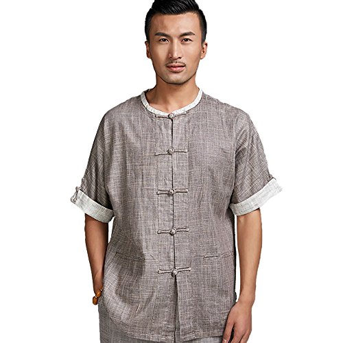FangNer Men's Chinese Traditional Tang Suit Linen Short Sleeve Button Kung Fu Shirts