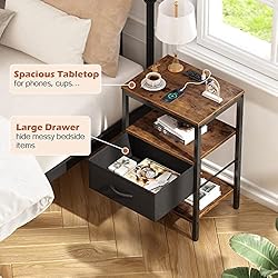 SUPERJARE Nightstand with Charging Station, Bed