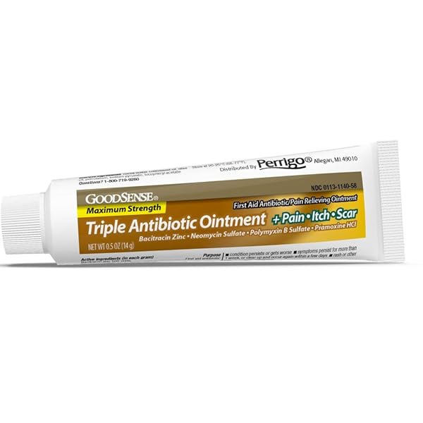 GOODSENSE TRIPLE ANTIBIOTIC PAIN + SCAR OINTMENT FOR MINOR CUTS, SCRAPES AND BURNS, 0.5 OUNCE