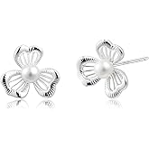Watforsh Flower 925 Sterling Silver Floral White Pearl Small Simple Stud Hypoallergenic Minimalist Earrings for Office Women