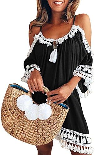 Toamen Womens Summer Casual Dress Sale Off Shoulder Halter Neck Short Sleeve Lace Print Tassel Cocktail Party Beach Dress Sundress