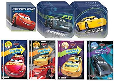 Bundle of Disney Pixar Cars 3 Party Favors & Tableware - (8) Grab & Go Play Packs, (8) 7 Square Plates, and (16) Beverage Napkins