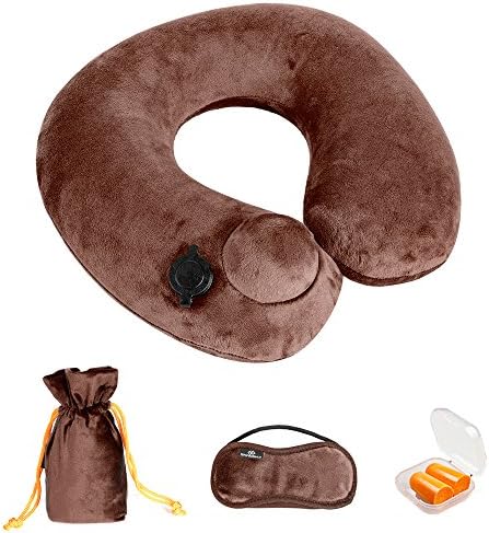 Doormoon Inflatable Travel Pillow, Portable Travel Pillow Lightweight for Airplane Travel with Packsack, Eye Mask - Brown