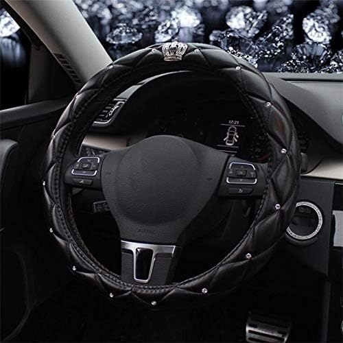 Women PU Leather Steering Wheel Cover Bling Bling Rhinestones Crystal Crown Car Steering Wheel Cover PU Leather Auto Accessories Case Car Styling (black)