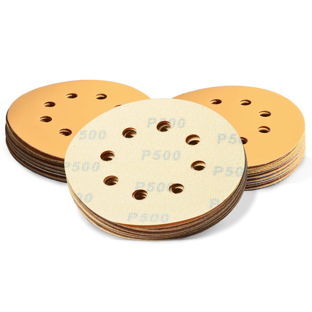 SPEEDWOX 50 Pcs 5 Inches 8 Hole Sanding Discs 500 Grit Dustless Hook and Loop Sandpaper for Random Orbital Sander Yellow Finishing Discs for Automotive Woodworking