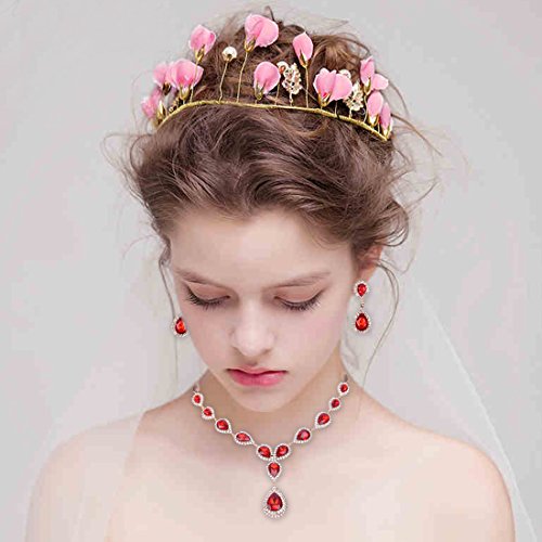 Paxuan Womens Gold Plated Teardrop Red Crystal Wedding Bridal Jewelry Set Teardrop Pendant Necklace Drop Dangle Earrings Set - Thumbnail 2