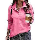 SHEWIN Women's Casual Long Sleeve Stand Neck Sweatshirt Lightweight Button Drawstring Pullover Tops