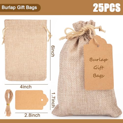SALLYFASHION 25PCS Burlap Gift Bags With Drawstring, 4x6 Inch Drawstring Bags with Kraft Paper Tags Linen Sack Bags Jewelry Pouches for Christmas Wedding Party Favors DIY Crafts
