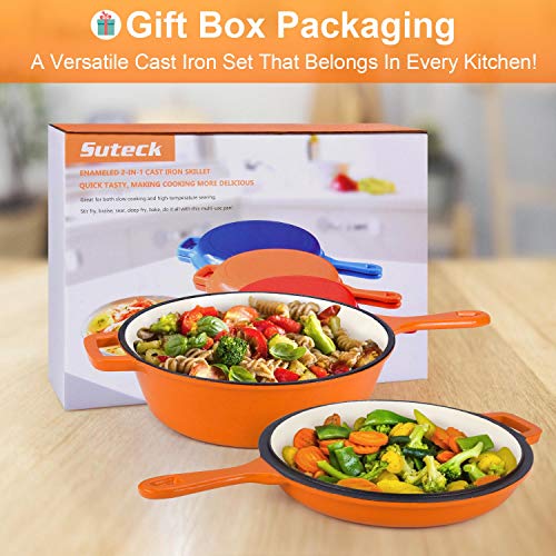 Enameled 2-In-1 Cast Iron Multi-Cooker - Heavy Duty 3.2 Quart Skillet and Lid Set, Versatile Healthy Design, Non-Stick Kitchen Cookware, Use As Dutch Oven Frying Pan (Orange)