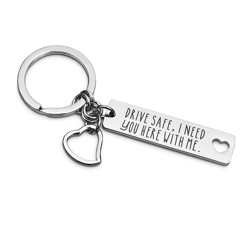TOFBS Keyring with Engraving ＆ Heart - Drive Safe I Need You here with me - Keychain Stainless Steel Car Guardian Angel Favorite Person Couple Women Men Gifts (silver)
