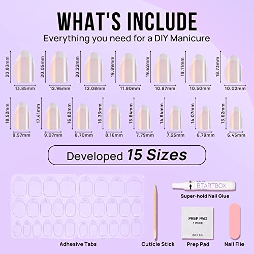 French Tip Press On Nails - BTArtbox White Almond Medium Reusable Stick On Nails in 15 Sizes - 30 Soft Gel Fake Nail Kit for Women Gift, Classic - Image 6
