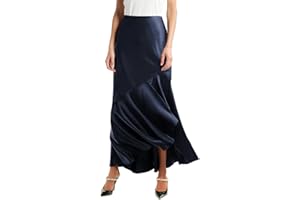 SEBOWEL Women Satin Skirt Silk A Line Swing Ruffle Pleated Cocktail Skirts Silky High Low Tiered Long Maxi Skirt with Split