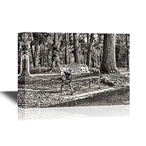 Canvas Wall Art - Chair in Park in Black and White - Gallery Wrap Modern Home Art | Ready to Hang - 12x18 inches