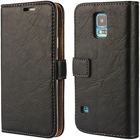 S5 Wallet Case,Galaxy S5 Case, Wallet Leather Folio [ Slim Fit ] [ Heavy Duty Protection ] Soft TPU Back Kickstand Case for Samsung Galaxy S 5 SV I9600 with Magnetic Closure and Wrist Strap - Black