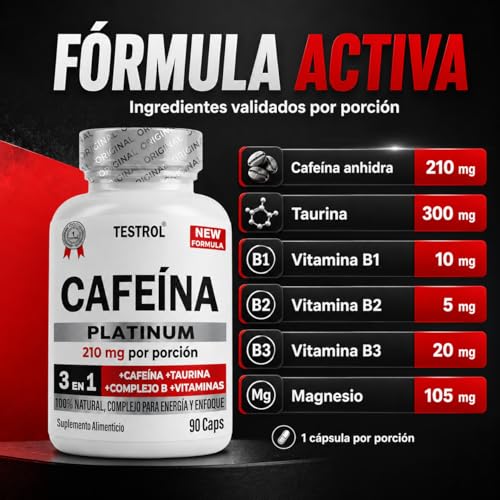 Cafeína Platinum 210mg | Fórmula con Taurina, Magnesio y Complejo B | Preentreno | Energía y Enfoque | Cafeina capsulas Testrol | 90 Cápsulas