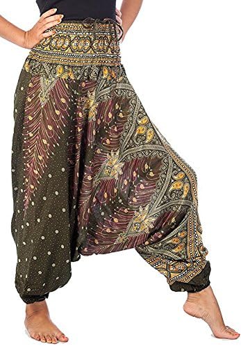 Uniquen Women's Aladdin Hippie Boho Smocked Waist Harem Pants Green