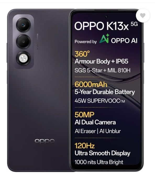 OPPO K13x 5G 6000mAh and 45W SUPERVOOC Charger & AI (Midnight Violet, 128 GB) (6 GB RAM)