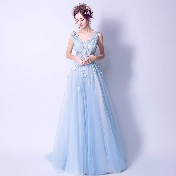 Yt Re Abito Da Damigella D Onore Elegante In Pizzo Blu Con Scollo A V E Scollo A Cuore Azzurro S Amazon It Abbigliamento