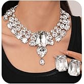 Lenjicons Boho Large Rhinestone Choker Necklace Earrings Set Heart Dangle Necklace Rectangle Crystal Earrings for Women Gothic Crystal Wedding Accessories for Women for Party Prom